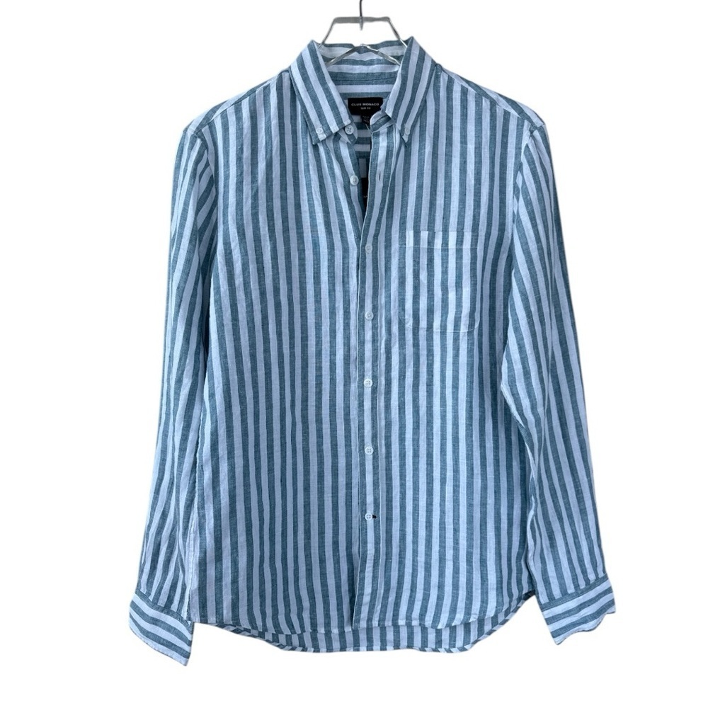 Club Monaco NWT 100% Linen Blue & White Striped Men’s Button-Down Size X-Small